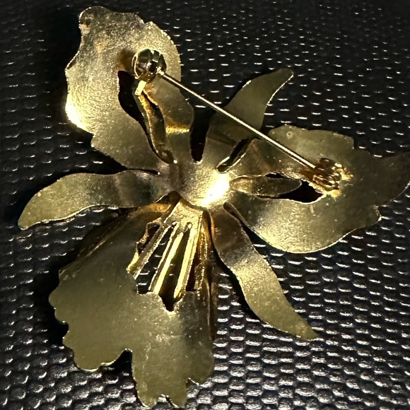 Vintage gold-plated burgundy/blue cloisonne enamel orchid broach - Picture 6 of 10